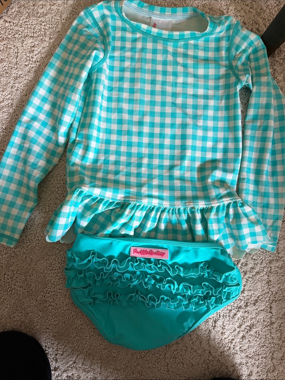 RuffleButts Aqua Gingham Peplum Rash Guard Set size 7